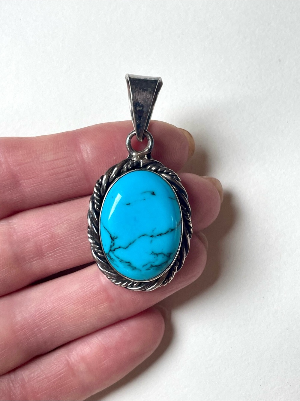 Vintage Mexican Sterling Silver Oval Turquoise Pendant stamped TV-19